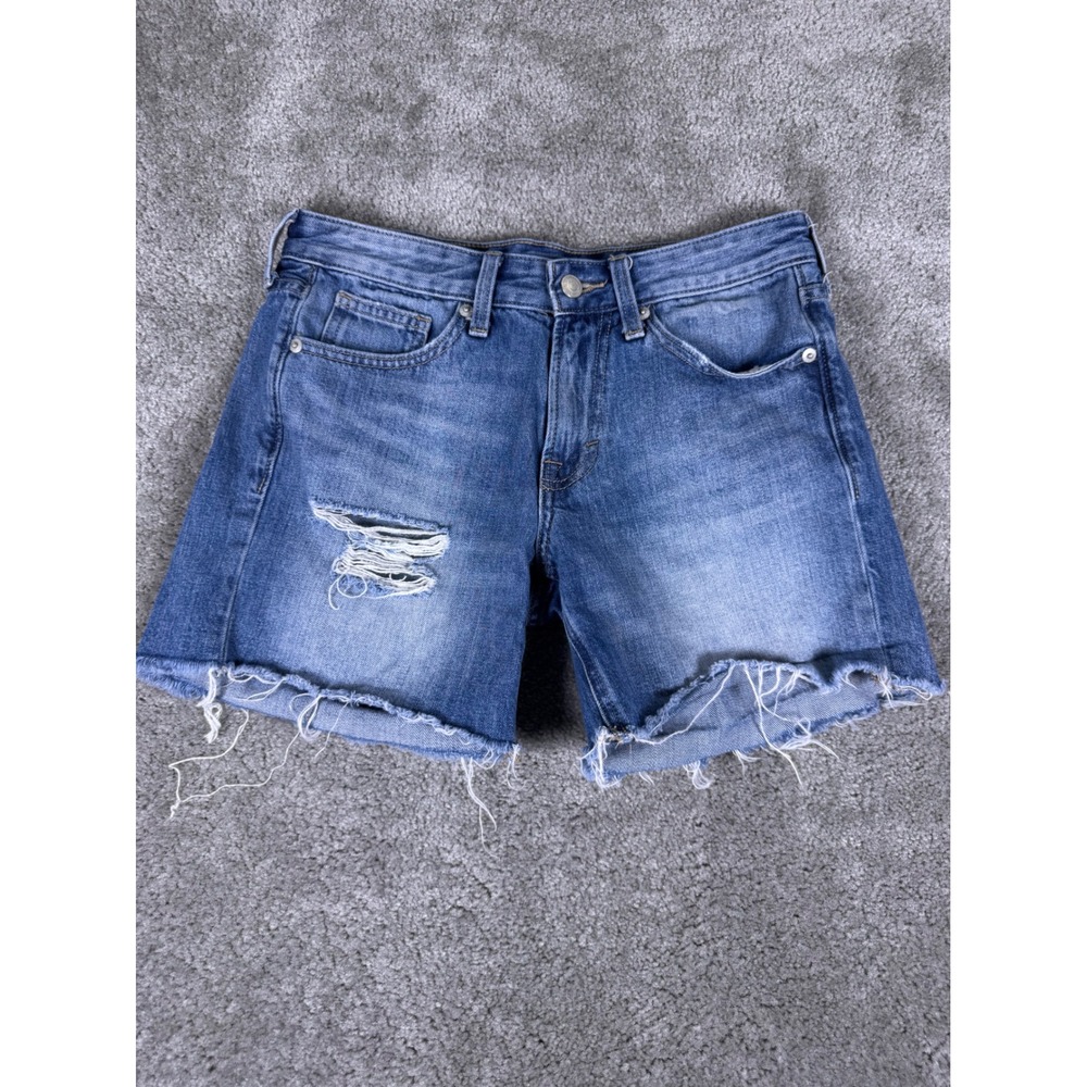 Lucky Brand Mid Rise Boy Shorts Denim Blue Distressed Frayed Size 00/24